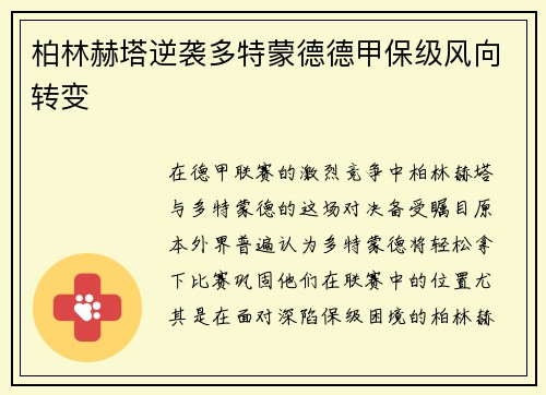 柏林赫塔逆袭多特蒙德德甲保级风向转变