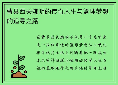 曹县西关姚明的传奇人生与篮球梦想的追寻之路